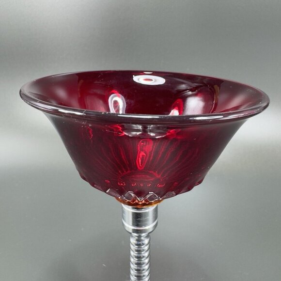 Art Deco Ruby Red Cadmium UV Glow Cocktail Glass Cups Chrome Stems Glasses Set 2 - Picture 8 of 16